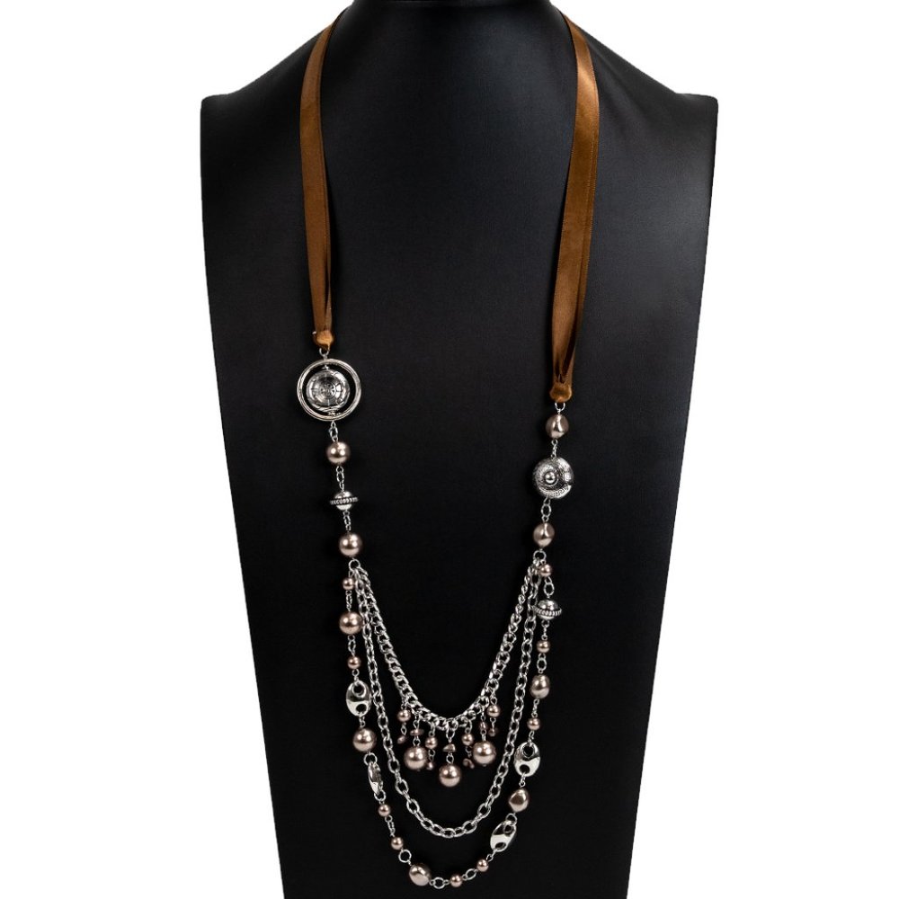 Brown Ribbon Necklace with Silver Pieces